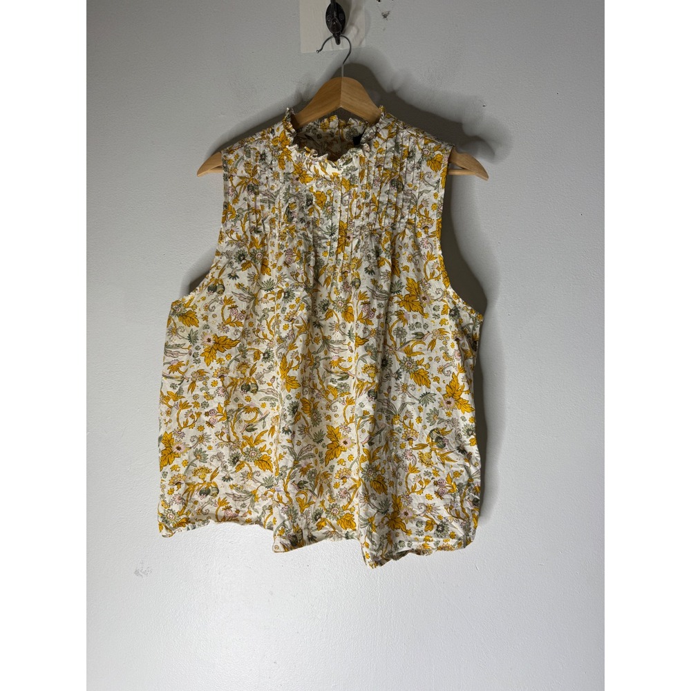 J crew XXL Yellow Floral Pintuck Ruffle Neck Cotton sleeveless Blouse BL078